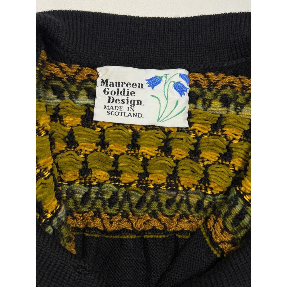 Maureen Goldie Design Scotland Black Floral Fair Isle Smocked Cardigan Sweater - Picture 2 of 11